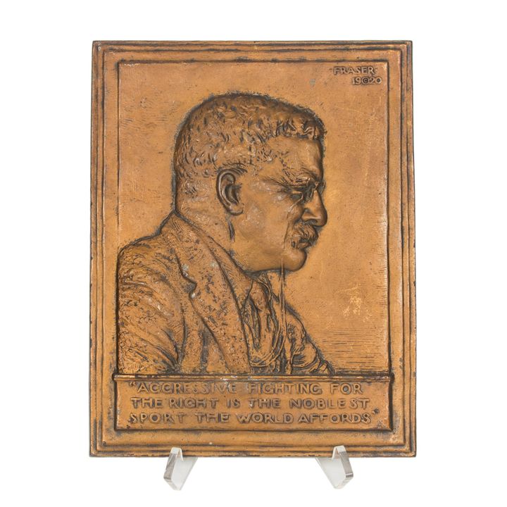 An American painted cast iron plaque of Teddy Roosevelt after a model by James Earle Fraser