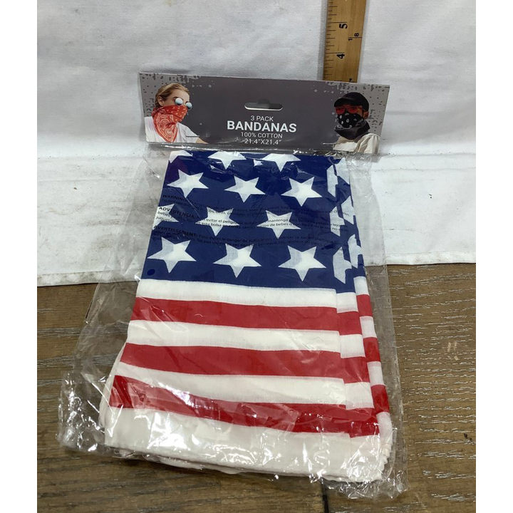 3 Pack American Flag Cotton Bandanas 21.4" x 21.4"