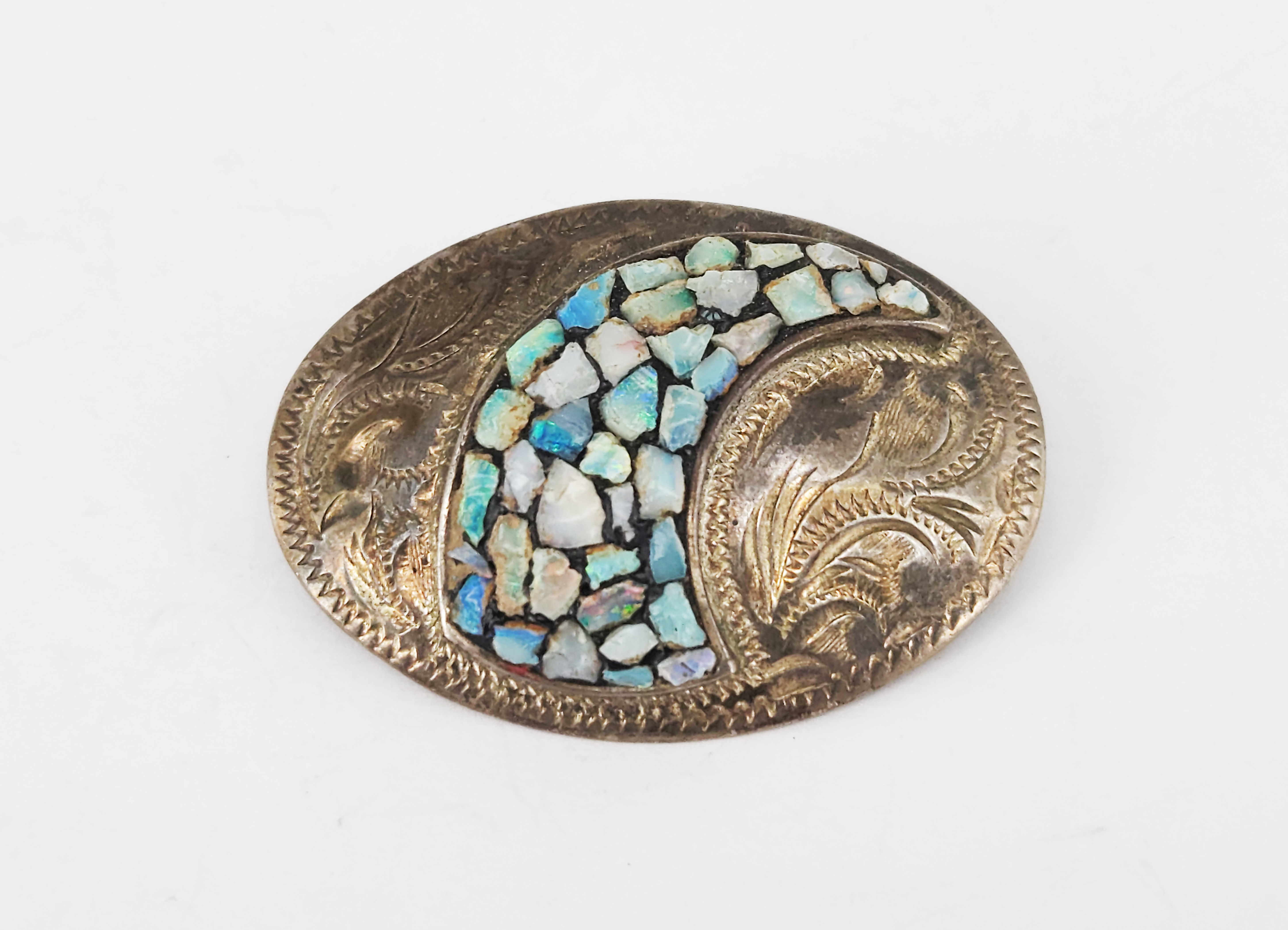 A Vintage Australian Scandia Sterling Silver And Opal Mosaic Oval Brooch