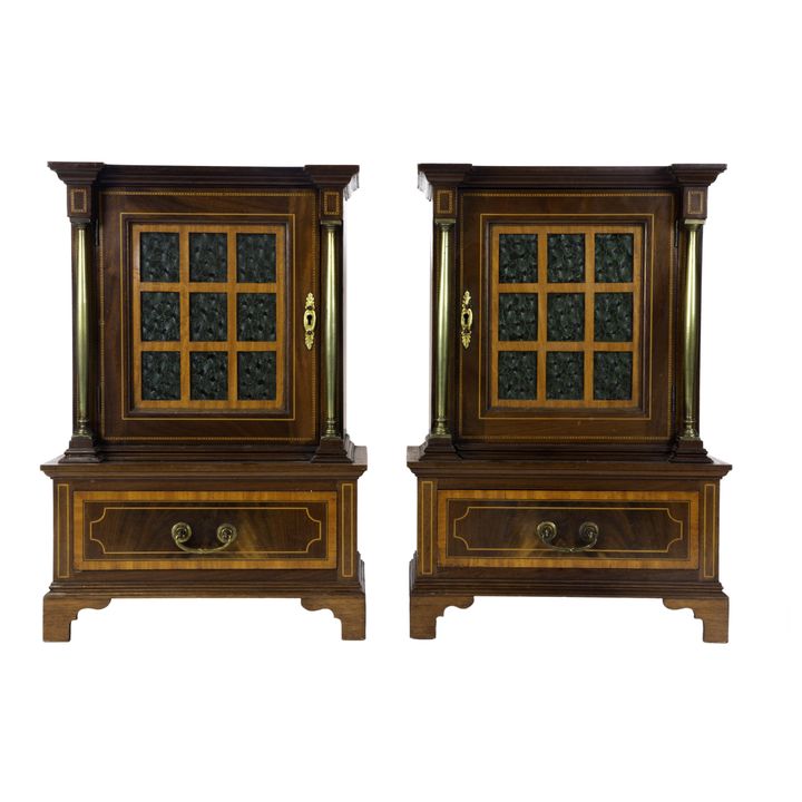 (Lot of 2) Pair of inlaid mahogany miniature cabinets