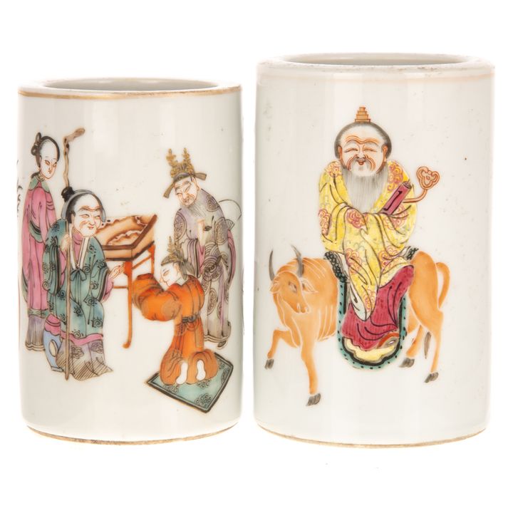 Two Chinese Famille Rose Porcelain Brush Pots