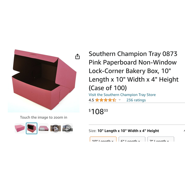 Southern Champion Tray 0873 Pink Paperboard Non-Window Lock-Corner Bakery Box 10"L x 10"W x 4"H (Case Of 100)