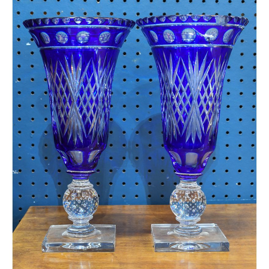 Pair of Continental colbalt cut to clear conical form vases, 13"h