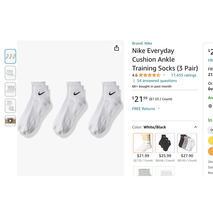 Nike Everyday Cushion Ankle Training Socks (3Pairs- White Size Medium )