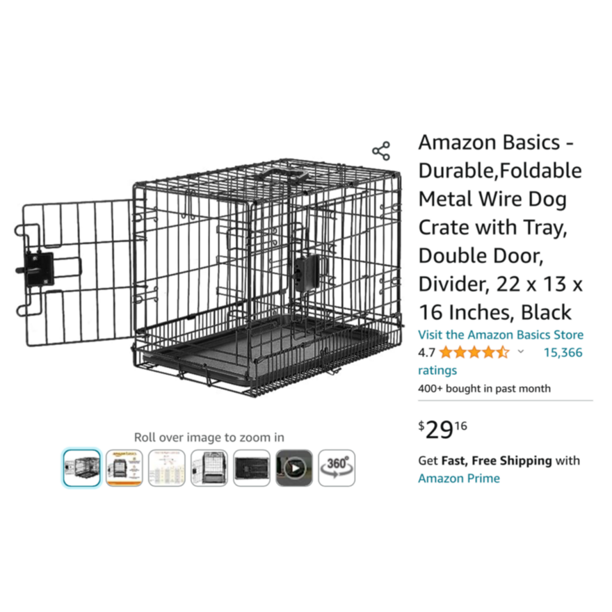 Amazon Basics Durable Foldable Metal Wire Dog Crate w/ Tray & Double Door Divider 22" x 13" x 16" Black-12lbs Max