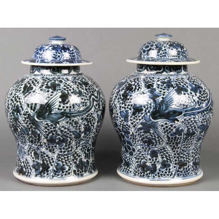 Chinese Blue-and-White Porcelain Jars, Phoenix
