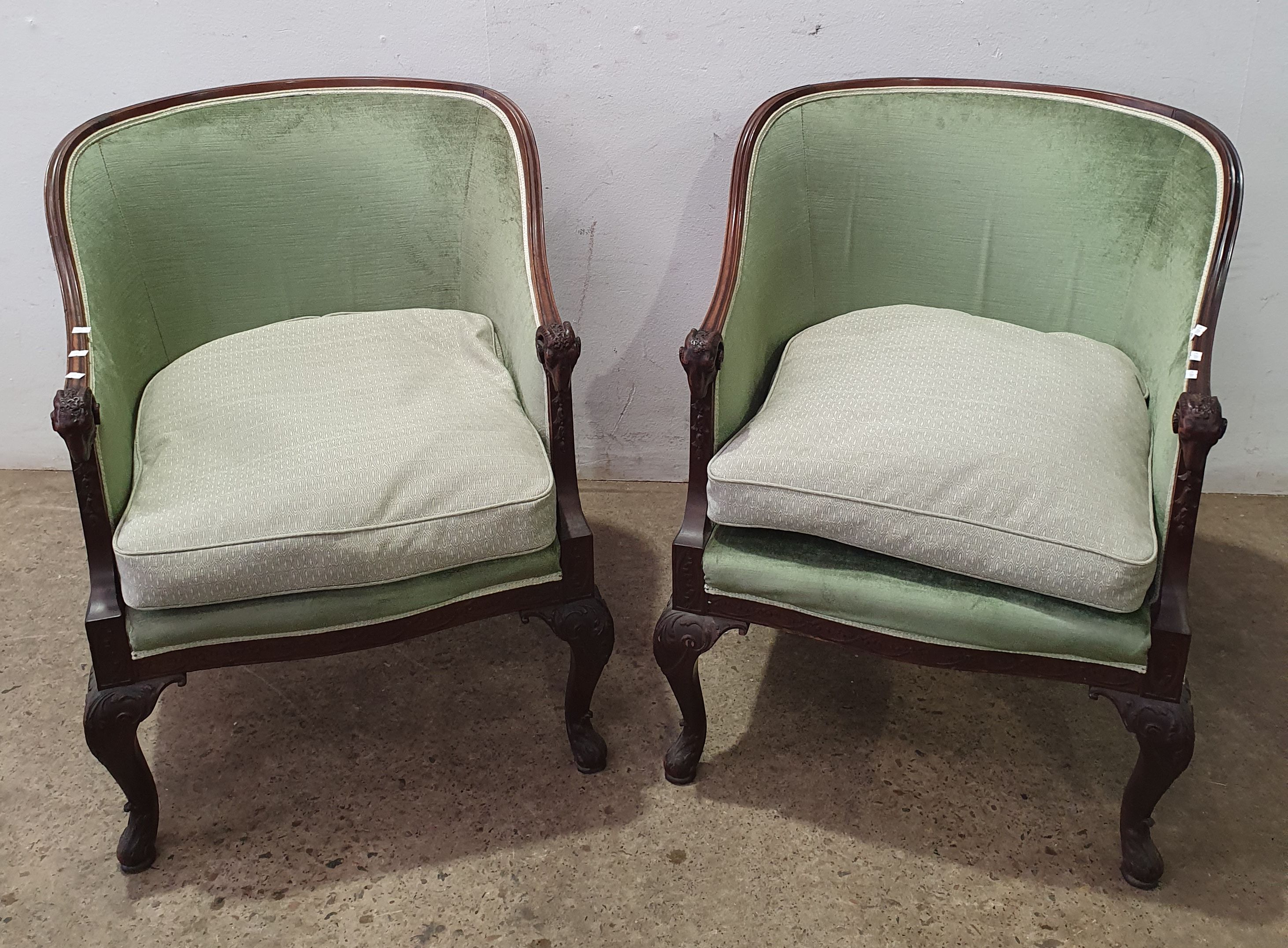 2055 · A PAIR OF CONTINENTAL PARLOUR CHAIRS WITH GREEN VELVET UPHOLSTERY
