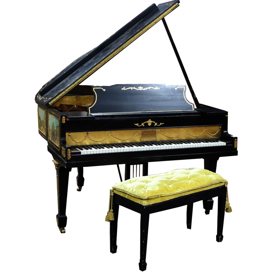An ebonized and scenic decorated baby grand piano