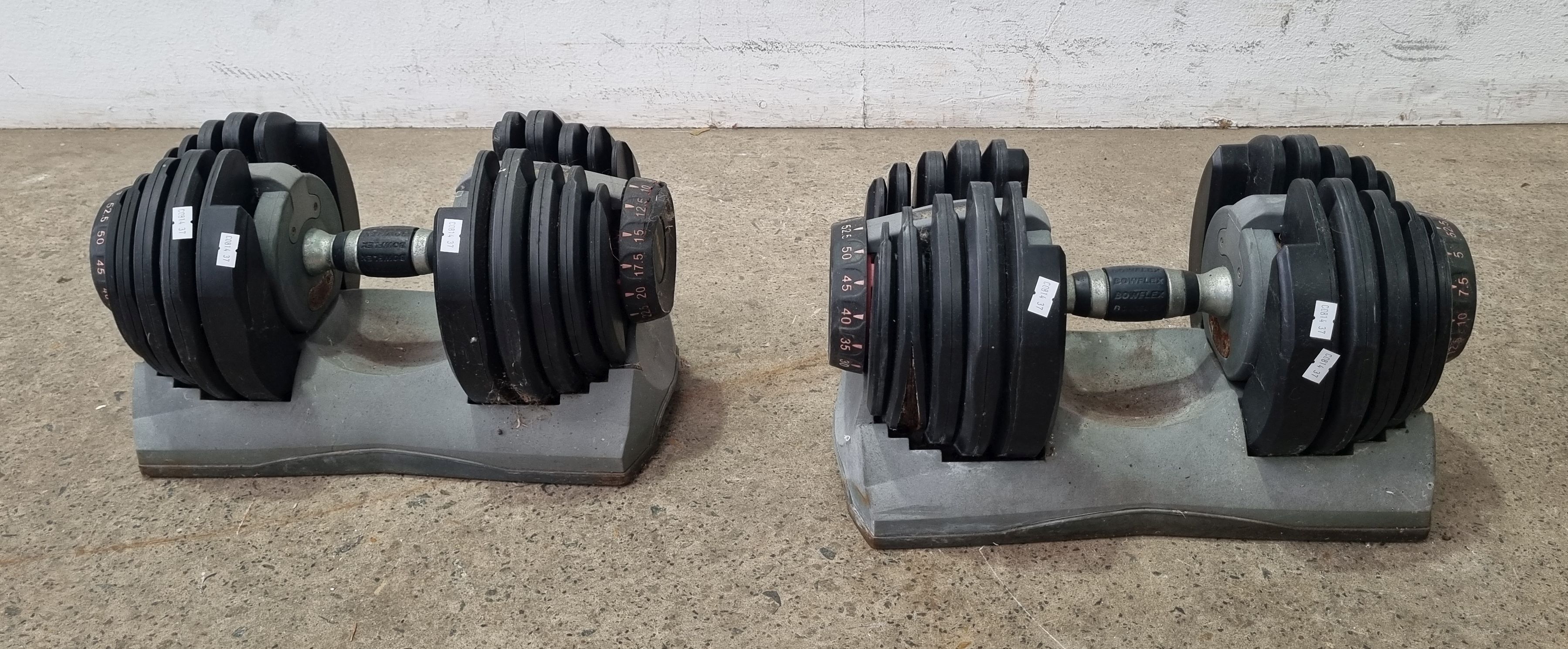 A Set Of Adjustable Bowflex Dumbbells