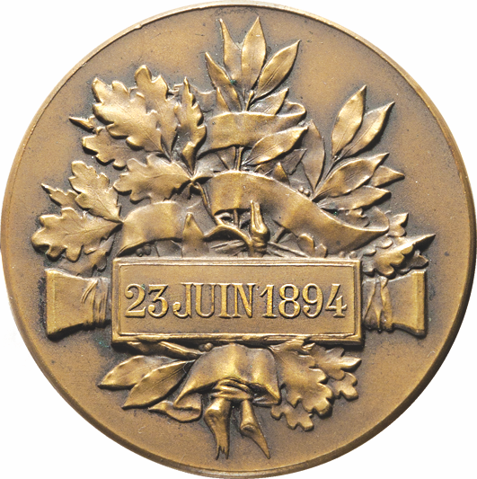 First Official Medal of the IOC. Restoration of the Olympic Games at the First Olympic Congress at the Sorbonne in Paris, June 23, 1894. | Ingrid O'Neil Auctions, Inc.