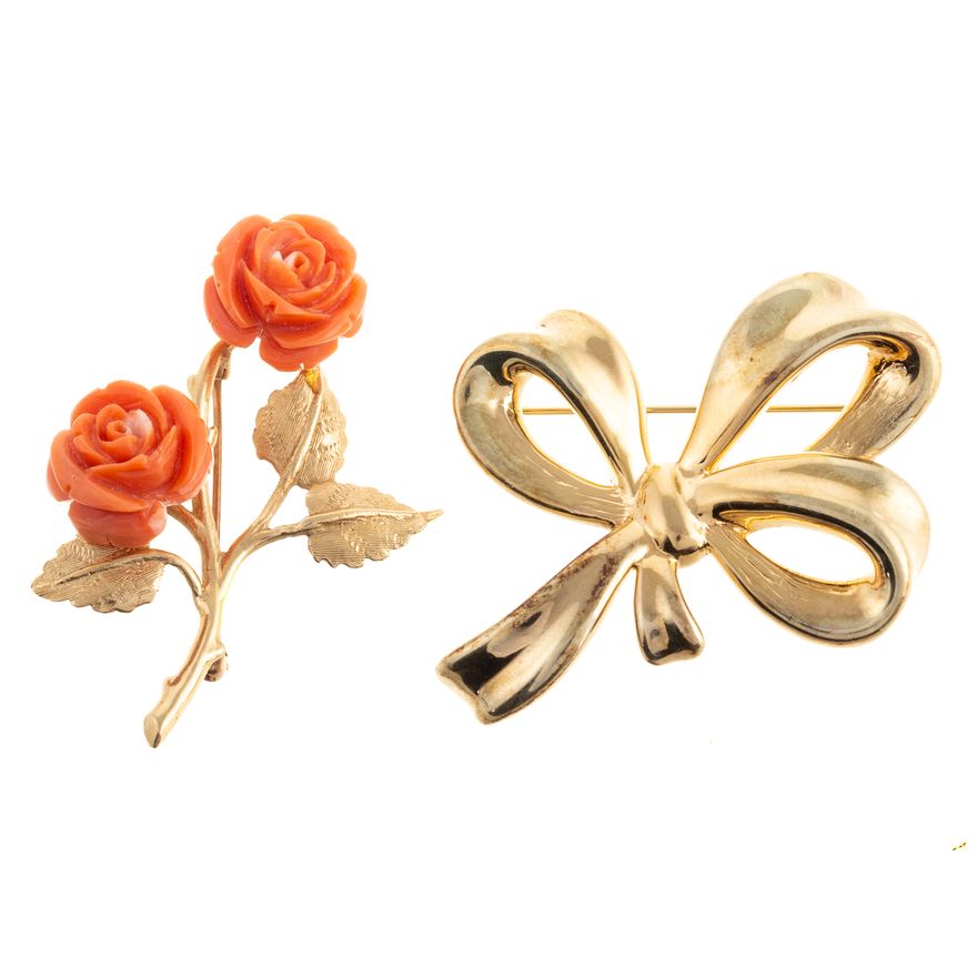 A Vintage Bow Brooch & Coral Flower Brooch in 14K