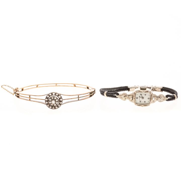 A Vintage Diamond Cocktail Watch & Bangle in 14K