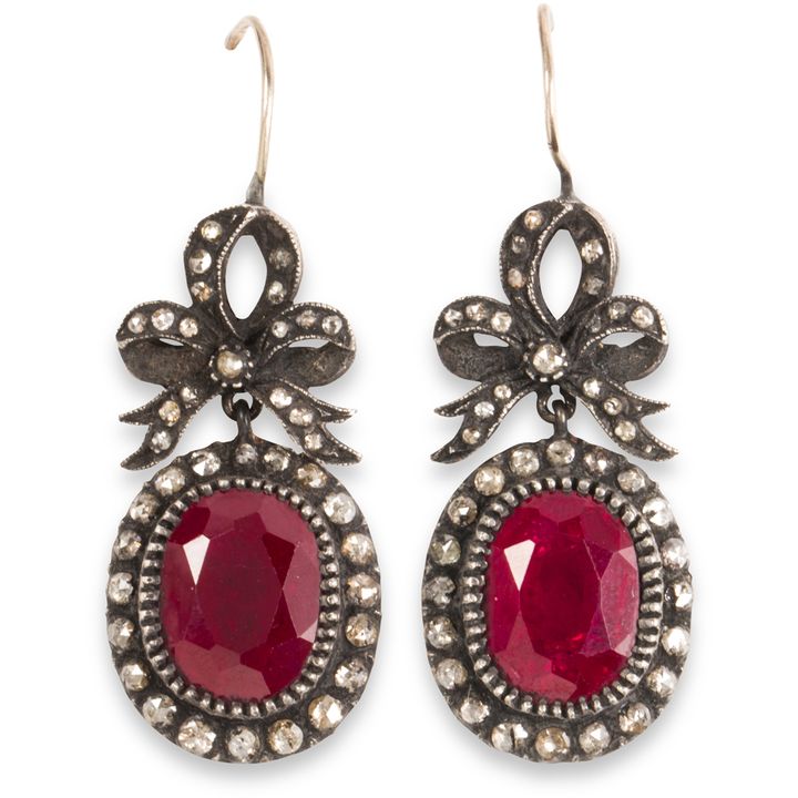 A pair of diamond and synthetic ruby earrings
