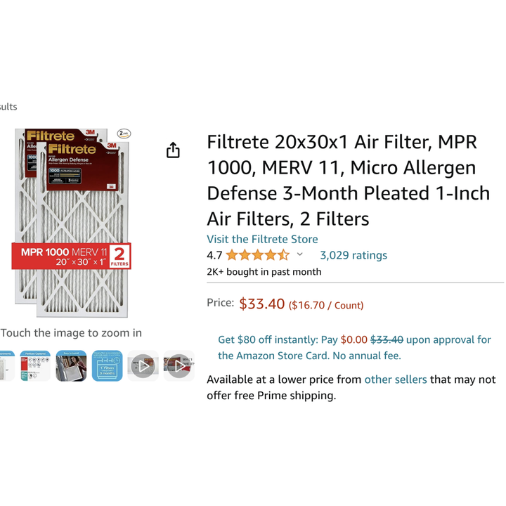 (2) Filtrete 20x30x1 Air Filters, MPR 1000,MERV 11, Micro Allergen Defense 3-Month Pleated