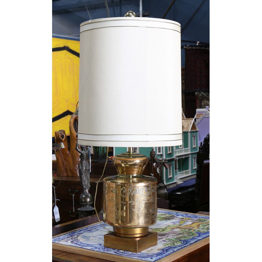 Hollywood Regency glass table lamp, having a large cylindrical linen wrapped shade, 3'h
