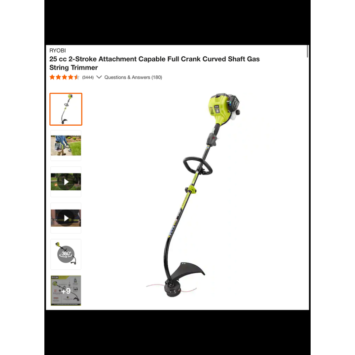Ryobi 2 Cycle 17" 25cc Curved Shaft String Trimmer w/ Quick Load Spool - No Manual