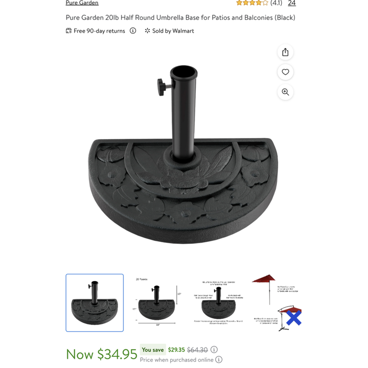 Pure Garden 20lb Half Round Umbrella Base (Black)