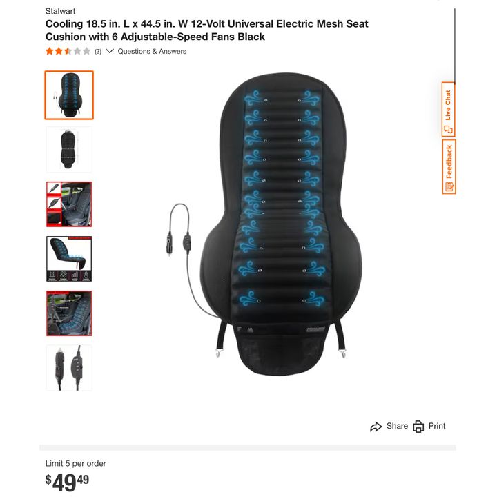 Stalwart Cooling 18.5'' L x 44.5'' W 12-Volt Universal Electric Mesh Seat Cushion w/ 6 Adjustable Speed Fans- Black 0.5'' H x 44.5'' W x 18.5'' D