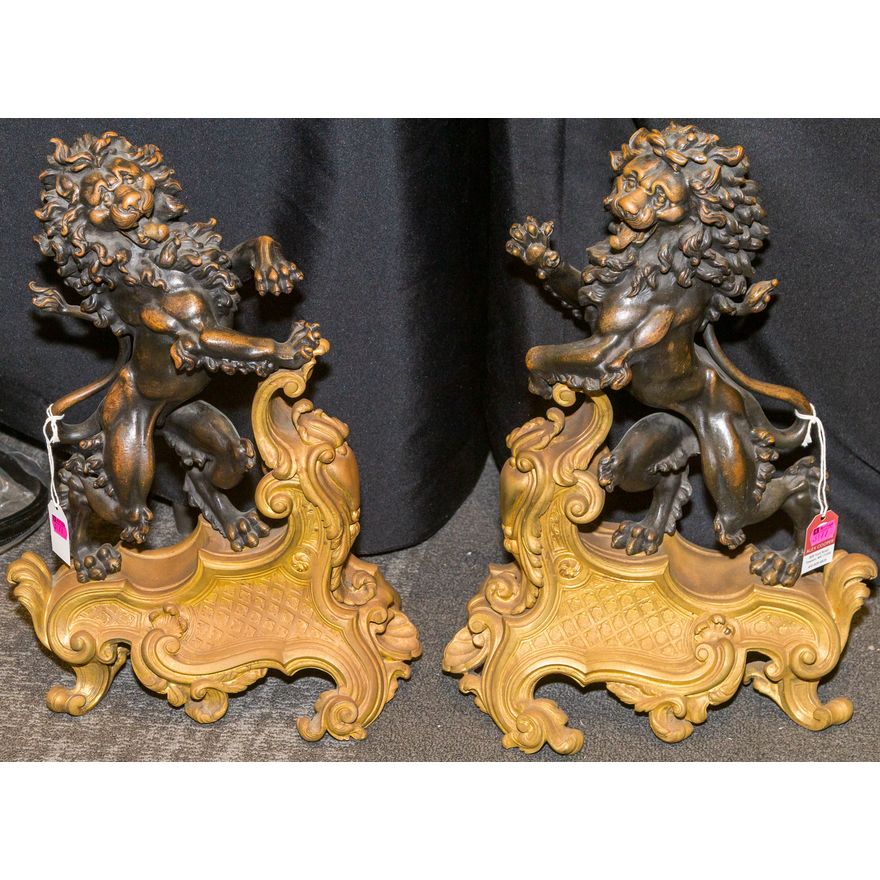 A Pair of Bronze Rampant Lion Chenets