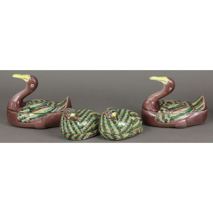 Chinese Famille Verte Quail and Duck Form Porcelain Boxes