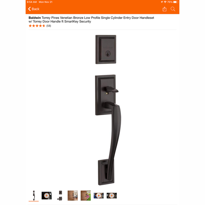 Baldwin Torrey Pines Venetian Bronze Low Profile Single Cylinder Entry Door Handleset w/Torrey Door Handle SmartKey Security