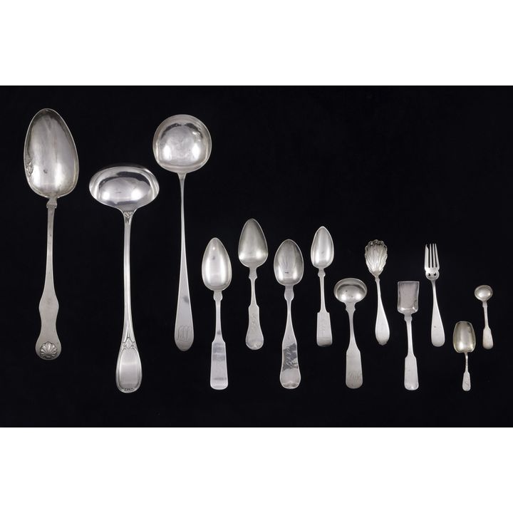 A (lot of 78) Mostly coin silver spoon lot, many Fiddleback
