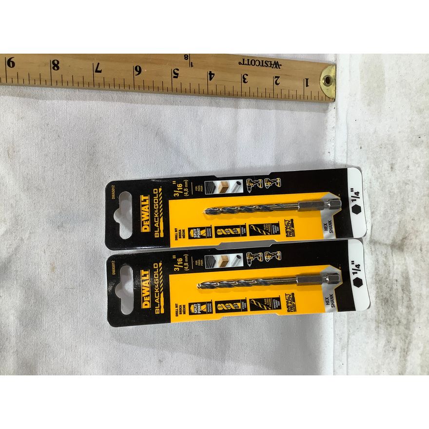 (2) DeWalt Black & Gold 3/16" Hex Shank Drill Bit 1/4" Drive