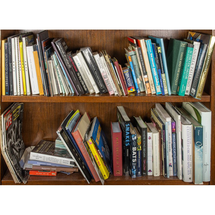 Two shelves of books and periodicals on animals, antiques, foreign cultures and interior design