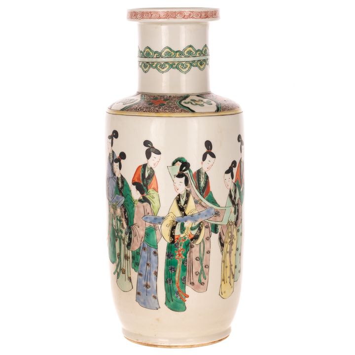 A Chinese Famille Verte Rouleau Vase