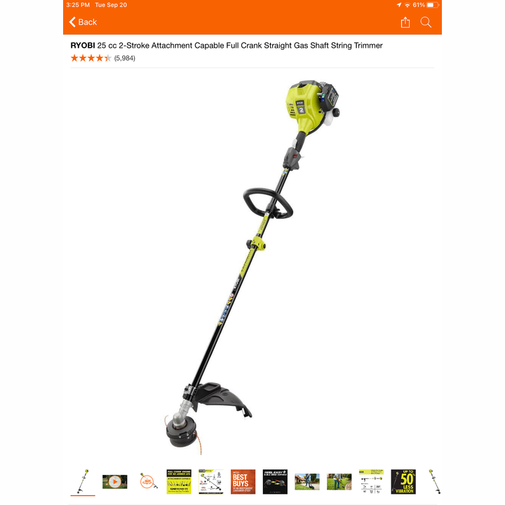 Ryobi 25cc 2-Stroke Attachment Capable Full Crank Straight Gas Straight Gas Shaft String Trimmer