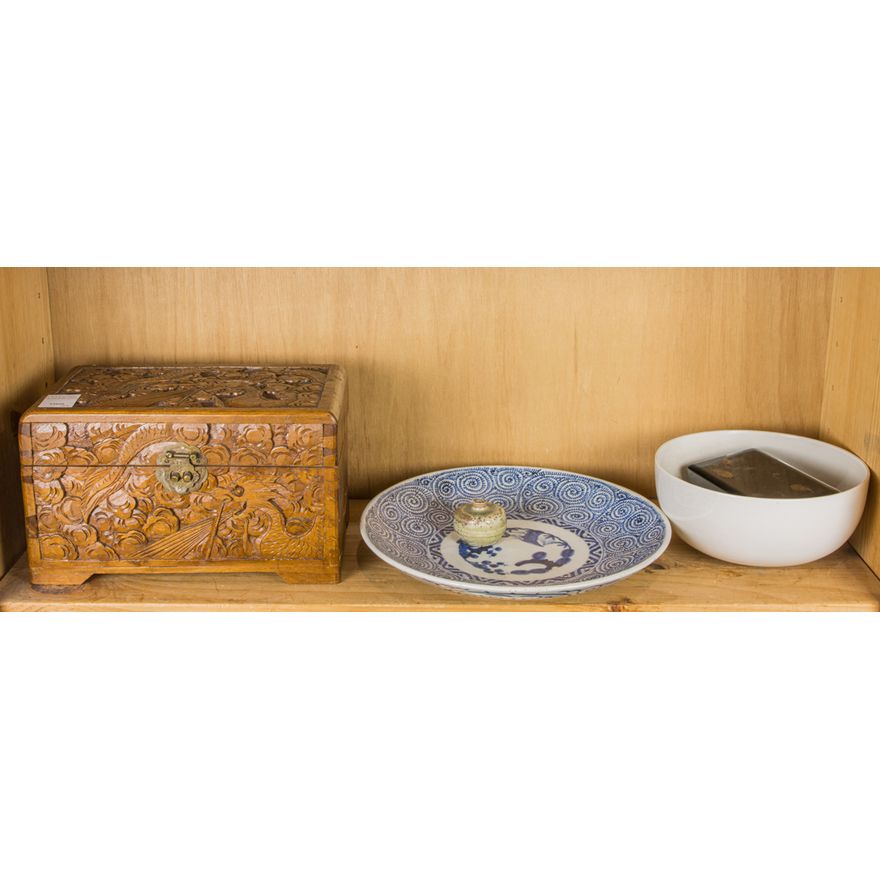 An assembled group of Asian decorations, including Chinese carved camphor box, 6