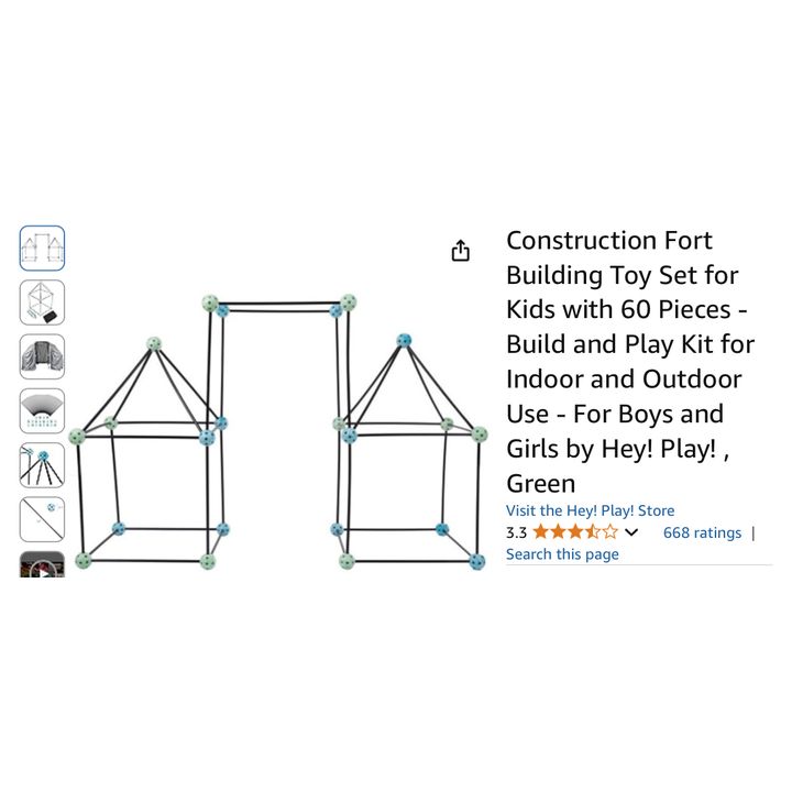 Hey Play! Construction Fort Building Toy Set For Kids w/ 60pcs
