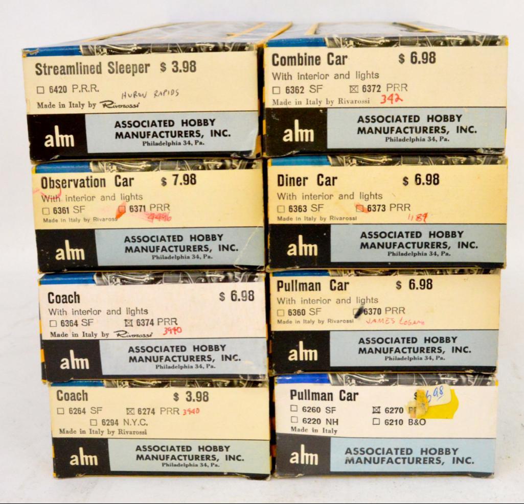 Eight AHM Rivarossi HO Scale Pennsylvania Rail Road passenger train cars in  original boxes