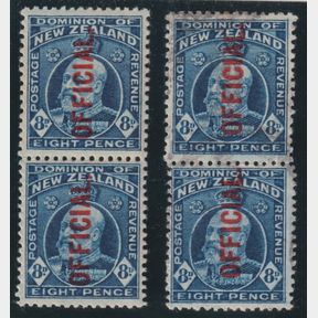 NZ Officials, 1916 8d EVII 2 perf pairs (x 2). CP HO7d. Cat $950. MUH & GU/FU…