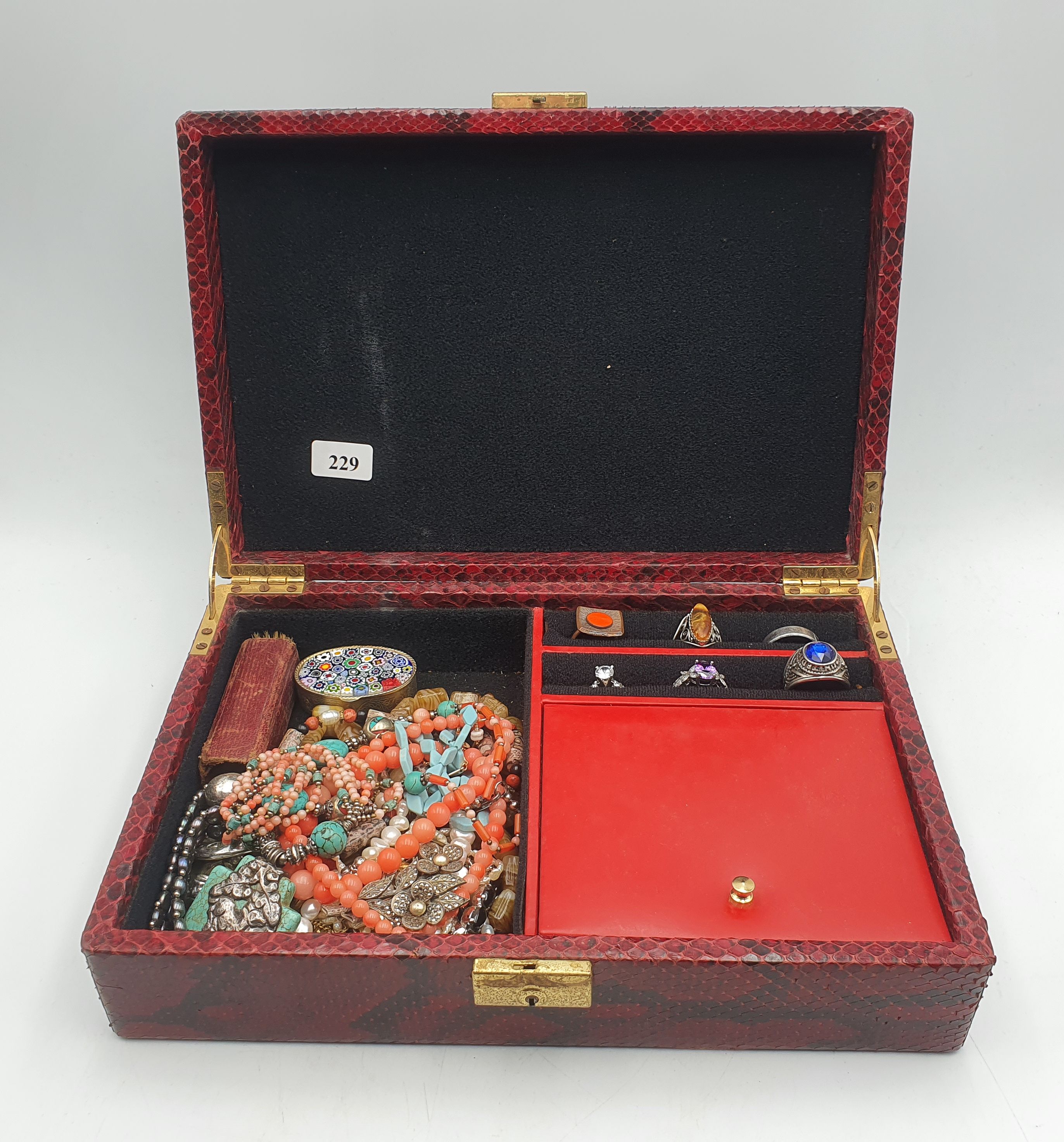 A Large Snakeskin Jewellery Box With Contents