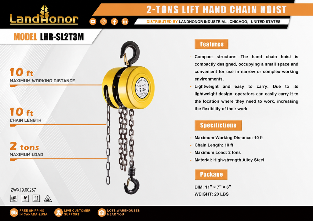 LANDHONOR 2-Ton Hand Chain Hoist, M/N LHR-SL2T3M, Unused | Bid Venues