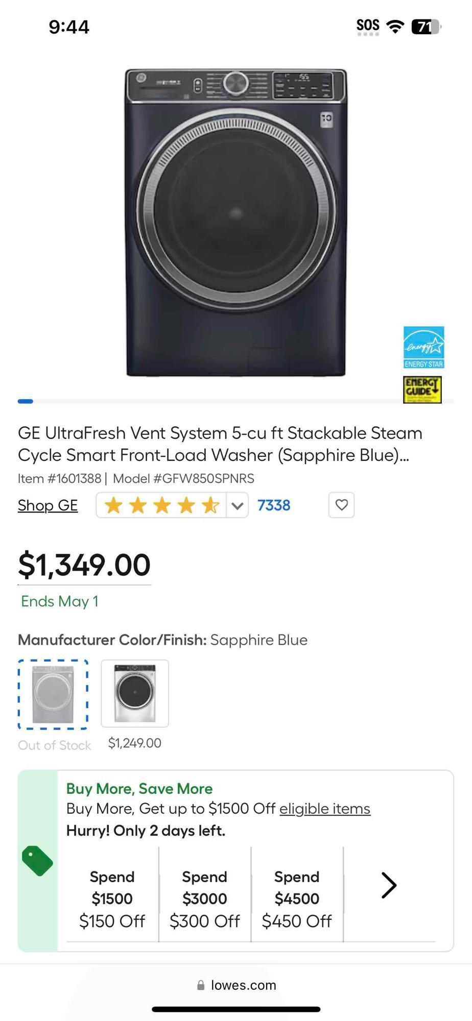 GE UltraFresh Vent System 5cu ft Stackable Steam Cycle Smart Front