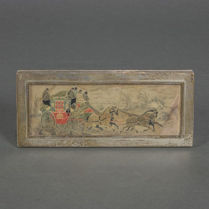 A C. R. Yard Inc sterling box inset with a tapestry panel depicting a horse drawn carriage
