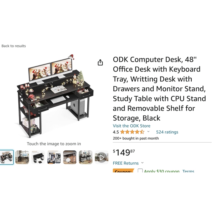 ODK Computer Desk 48" Office Desk W/ Keyboard Tray 19"D x 48"W x 34"H (Black)