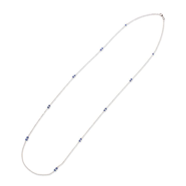 A sapphire, diamond and eighteen karat white gold necklace