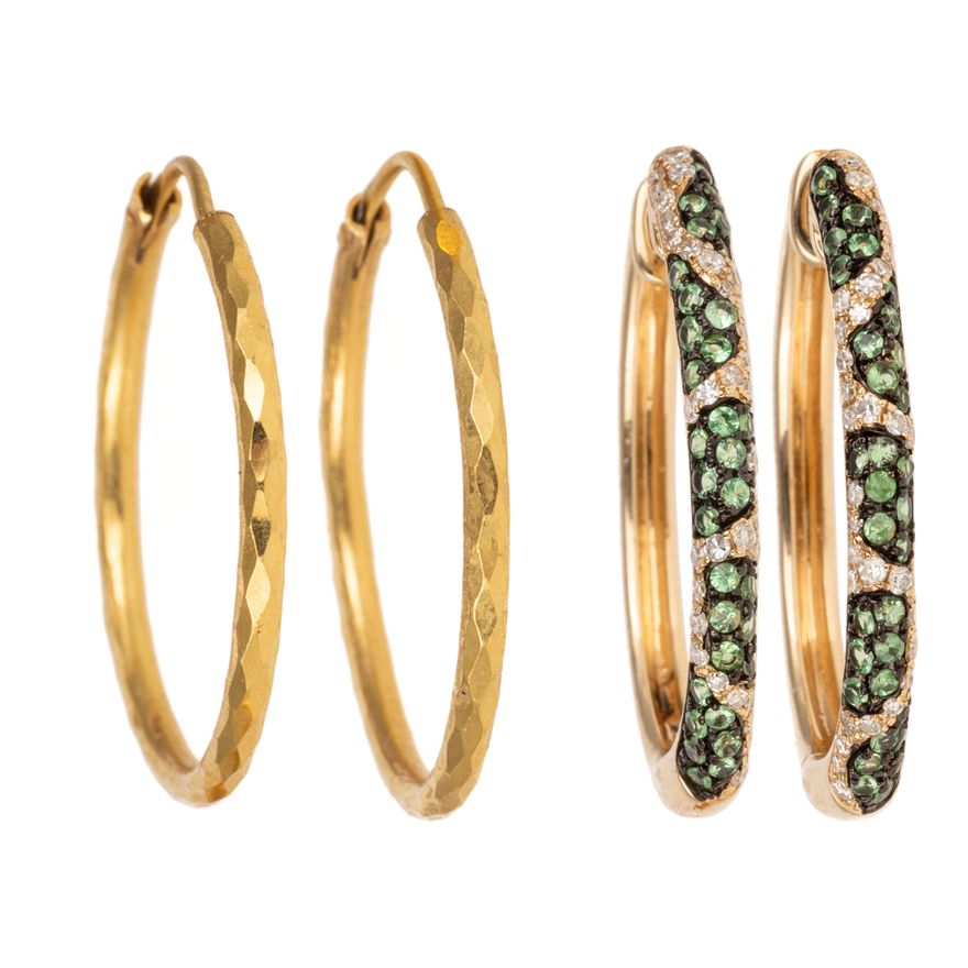 A Pair of 22K Hoops & Tsavorite & Diamond Hoops