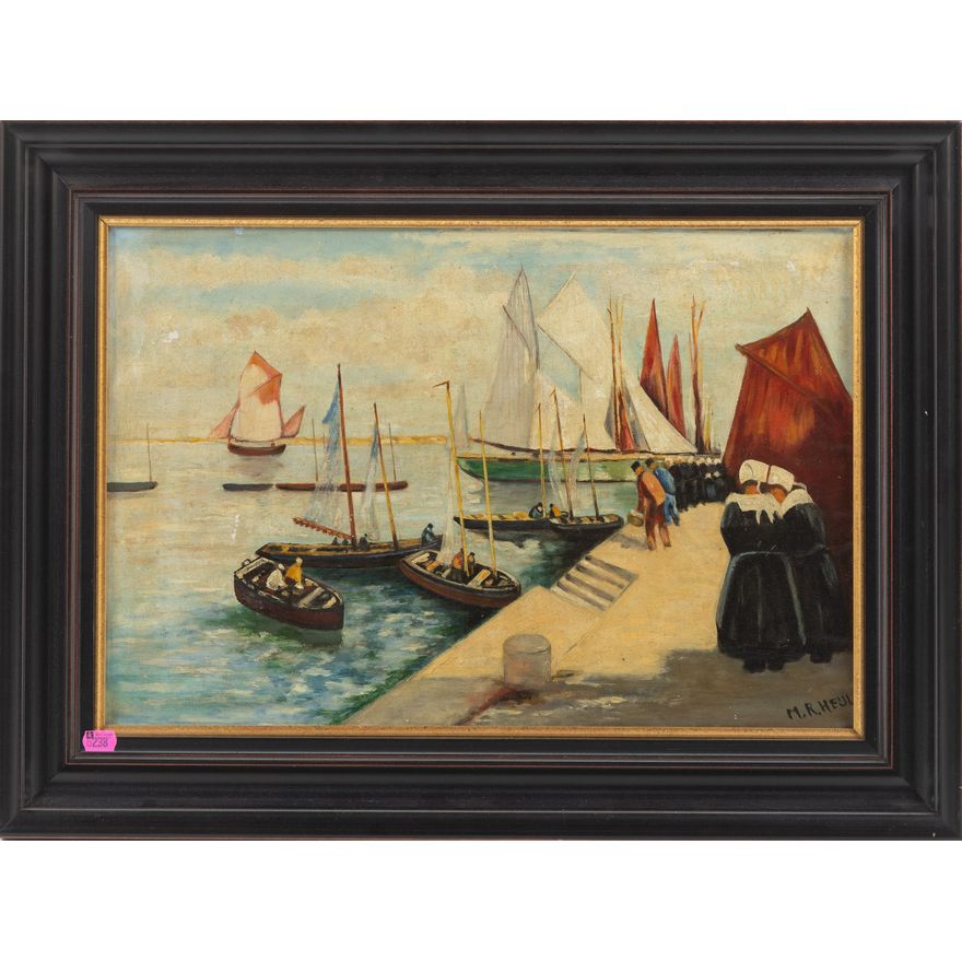 M.R. Heijl. Dock Scene in Holland, oil