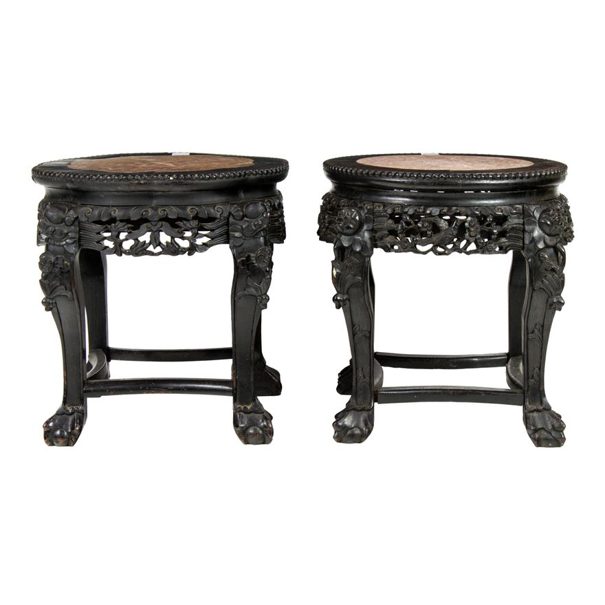 (lot of 2) Hardwood and marble circular stands
