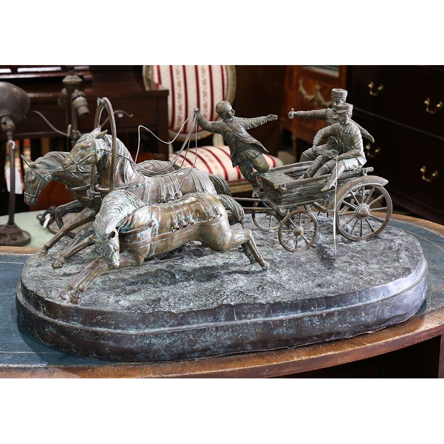 Bronze sculpture of horses and figures, possibly Russian, rising on an oval naturalistic base, 14"h x 28"w x 17"d