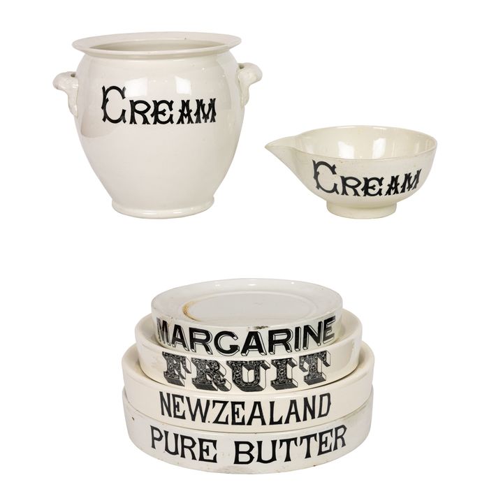 A group of English ironstone round advertising display stands