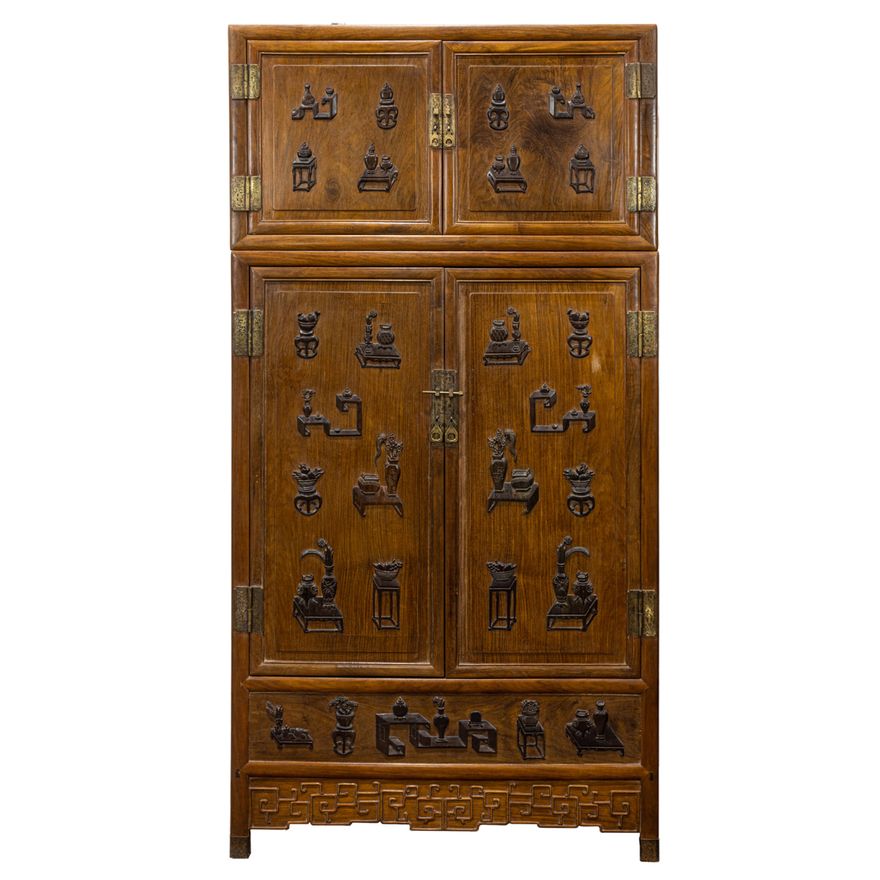 Chinese huanghuali and zitan inlaid 'hundred antiques' compound cabinet