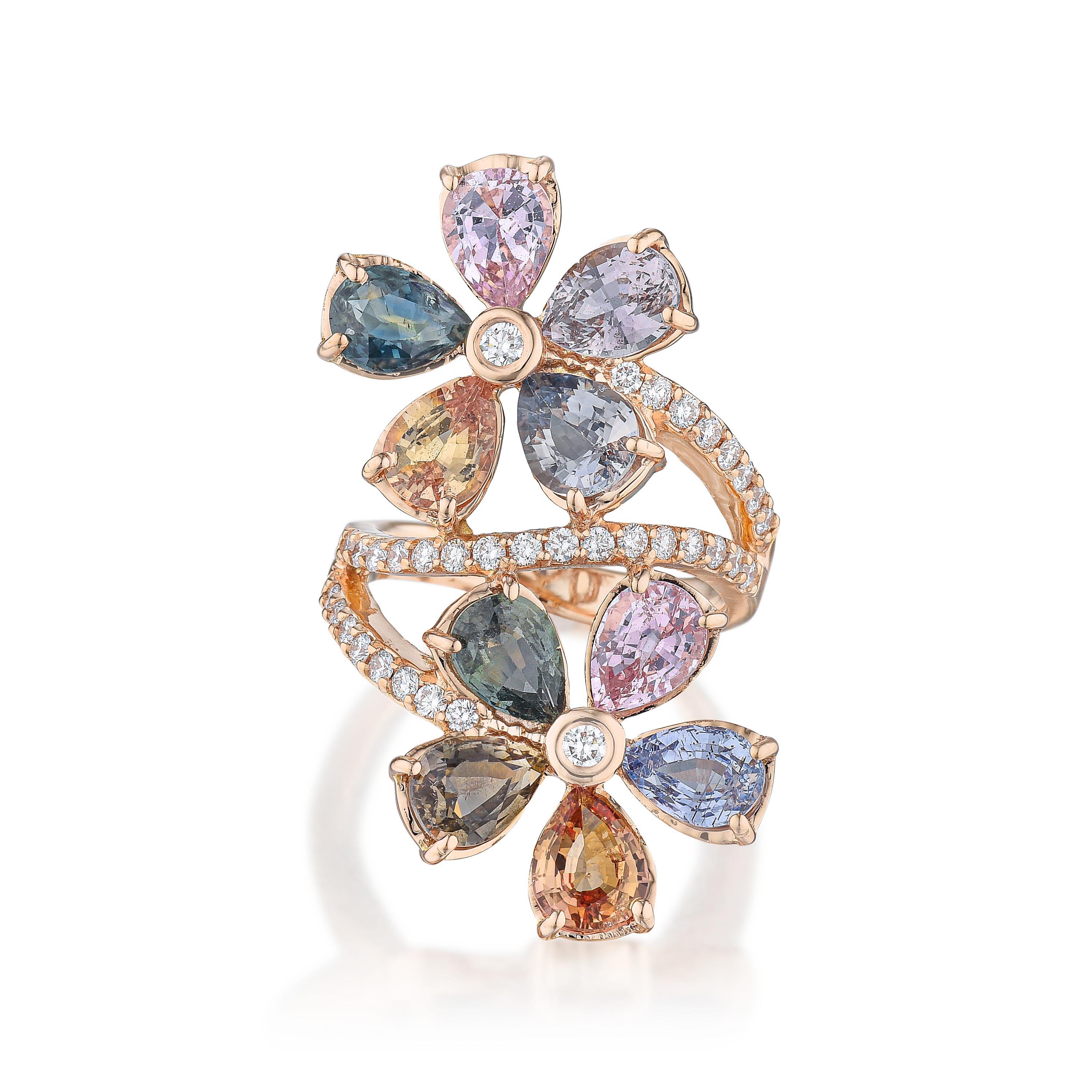 Multi-Color Gemstone and Diamond Bypass Flower Ring | Fortuna Fine