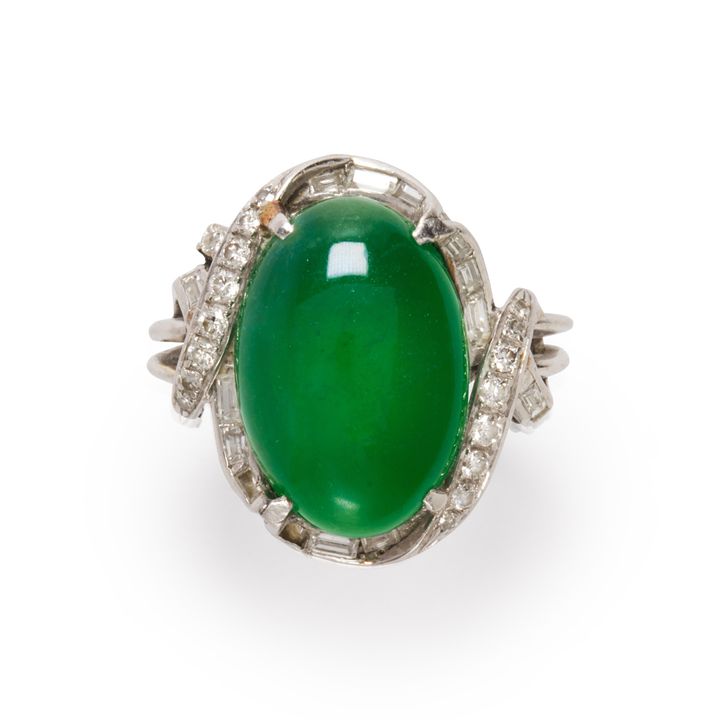 A jadeite "A" jade, diamond and platinum ring