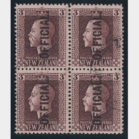 NZ Officials, 1916 3d GV recess block of 4, p14 (line), sideways wmk. CP KO4d. …