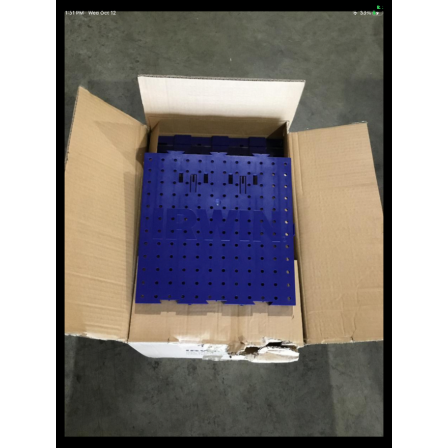 Buying (12) 16sq ft Irwin Blue Plastic Wall Hanging Peg Board Squares
